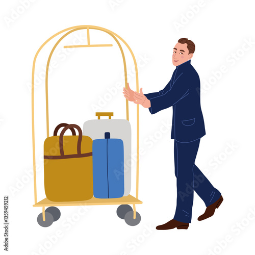 A man in a suit is pushing a cart with luggage on it. Hotel employee transporting suitcases and bags Vector illustration
