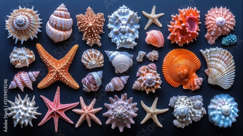 A whimsical collection of various seashells and starfish scattered across a black background. The shells come in different sizes and colors, including white, orange, blue, and pink.