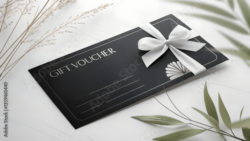 Elegant gift voucher with ribbon against a minimalist background  