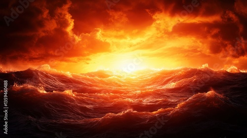 A stunning sunset casts vibrant orange hues over tumultuous ocean waves, creating a dramatic seascape filled with energy and beauty.