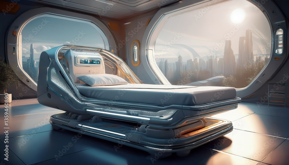 Obraz premium State of the art medical bed in a high tech research lab overlooking a stunning futuristic city
