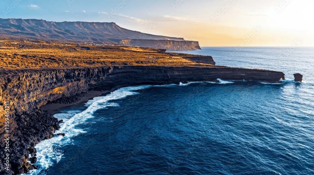 Obraz premium Dramatic Coastal Cliffs Golden Hour Ocean Waves Seascape