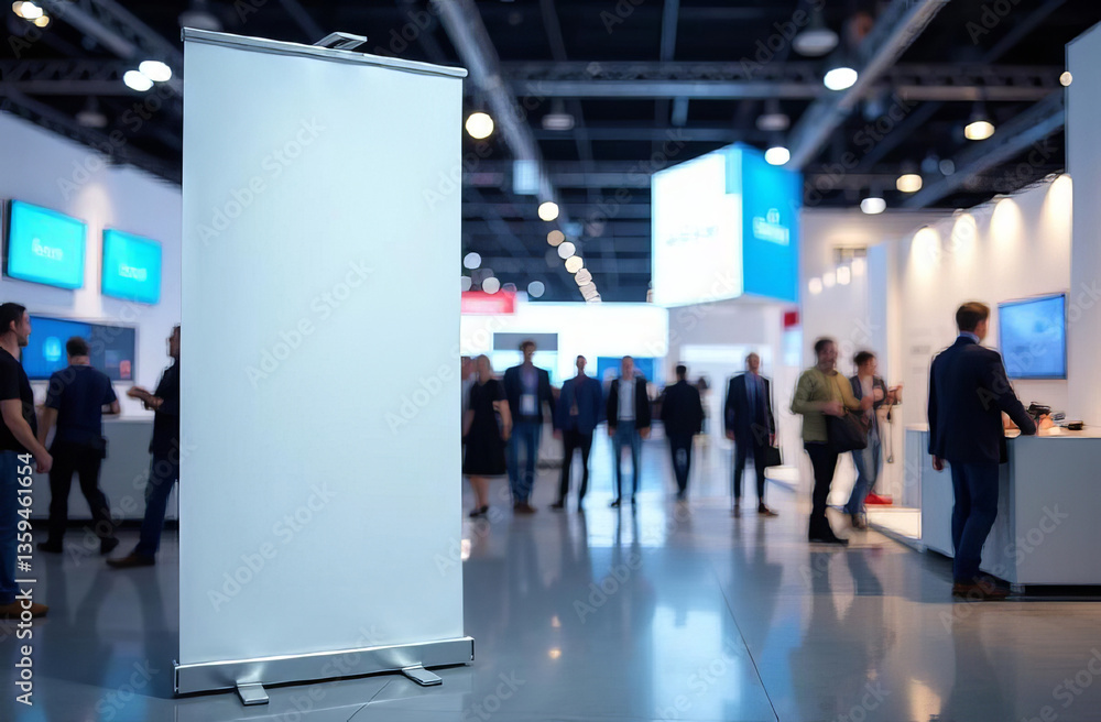 In the foreground is roll up banner blank mock up against the backdrop of a blurry technology exhibition. In the foreground is roll up banner blank mock up against the backdrop of a blurry technology exhibition.