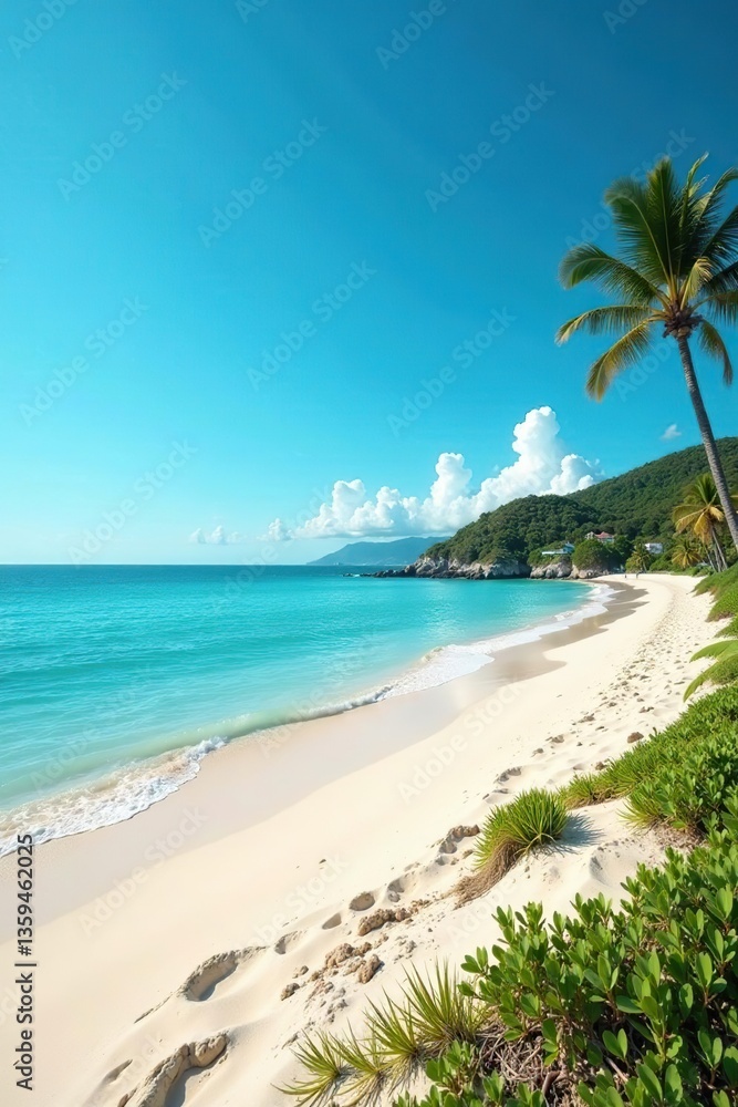 Fototapeta premium Empty sandy beach with clear blue sea in the background, perfect summer getaway spot, beauty, idyllic