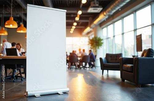 Wallpaper Mural In the foreground is roll up banner blank mock up against the backdrop of a blurry technology exhibition. Torontodigital.ca