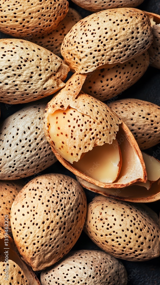 Closeup of Cracked Almond Shells Revealing Creamy Almonds Closeup of Cracked Almond Shells Revealing Creamy Almonds