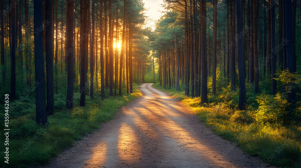 Fototapeta premium A winding dirt path cuts through a dense forest as the setting sun filters through tall trees casting long shadows on t