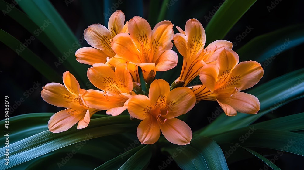 Fototapeta premium Stunning Orange Clivia Flowers Closeup Dark Background