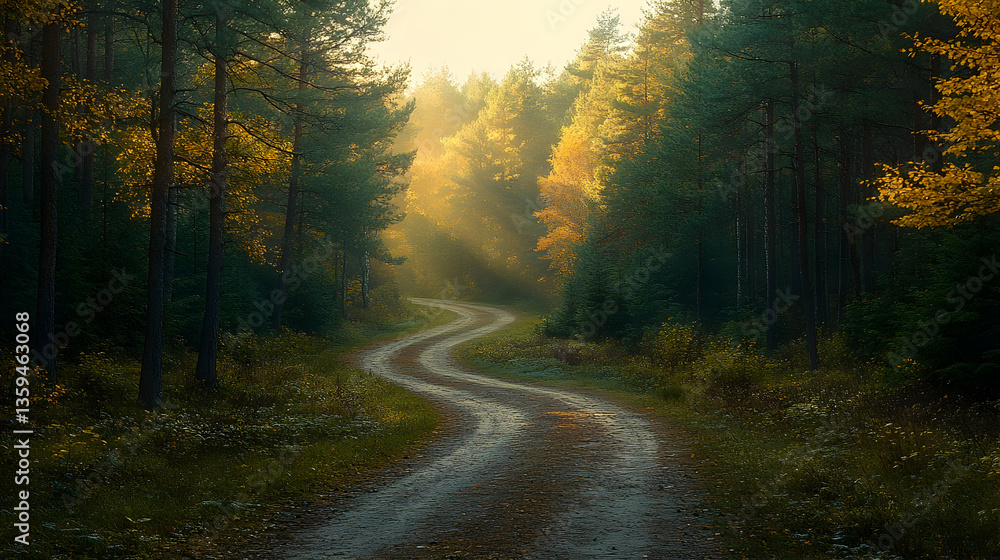 Obraz premium A winding dirt road leads through a forest illuminated by golden sunlight filtering through the trees