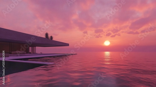 Sleek oceanfront villa featuring an infinity pool cascading toward the horizon, soft ripples reflecting the sky, modern architecture highlighted by sunset tones