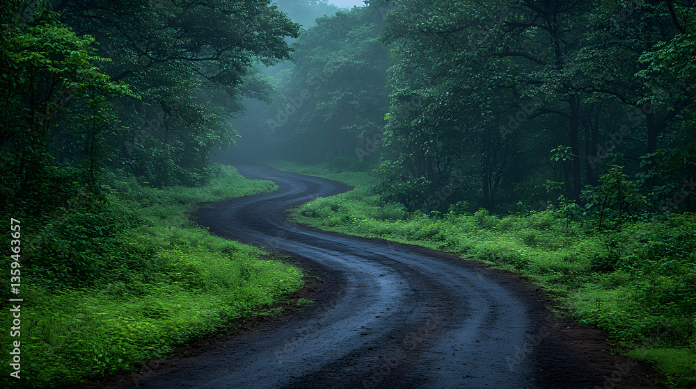 Fototapeta premium A winding path disappears into a dense forest of verdant trees under a sky draped in mist inviting exploration and intr