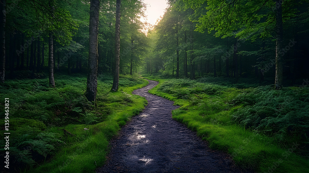 Fototapeta premium A winding path leads through a dense green forest with dappled sunlight filtering through the trees creating a serene