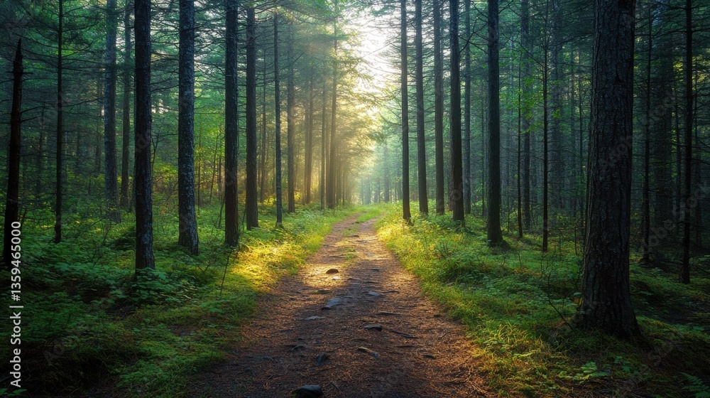 Fototapeta premium Sunlit Path Through a Dense Forest