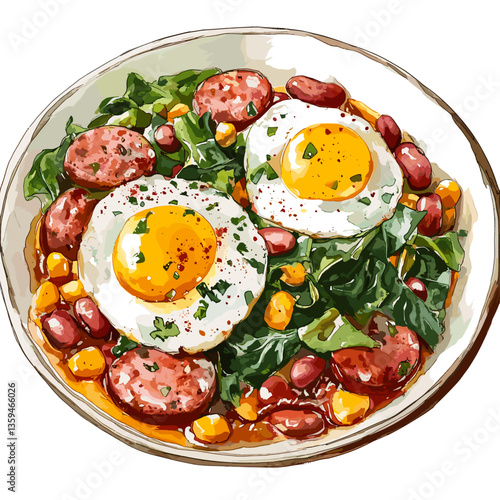 Watercolor Bowl of Feijão Tropeiro with Eggs and Greens