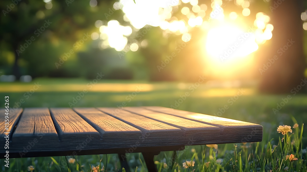 Naklejka premium Sunny Outdoor Scene with Wooden Table Surrounded by Green Grass and Dappled Light : Generative AI