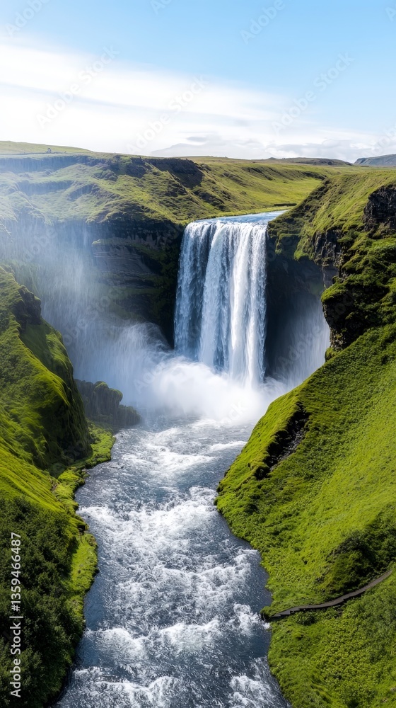 Obraz premium Majestic Waterfall in Lush Green Valley Iceland