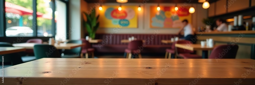 Empty wooden table in a vibrant restaurant setting with colorful decor and lively atmosphere, lively, colorful Empty wooden table in a vibrant restaurant setting with colorful decor and lively atmosphere, lively, colorful