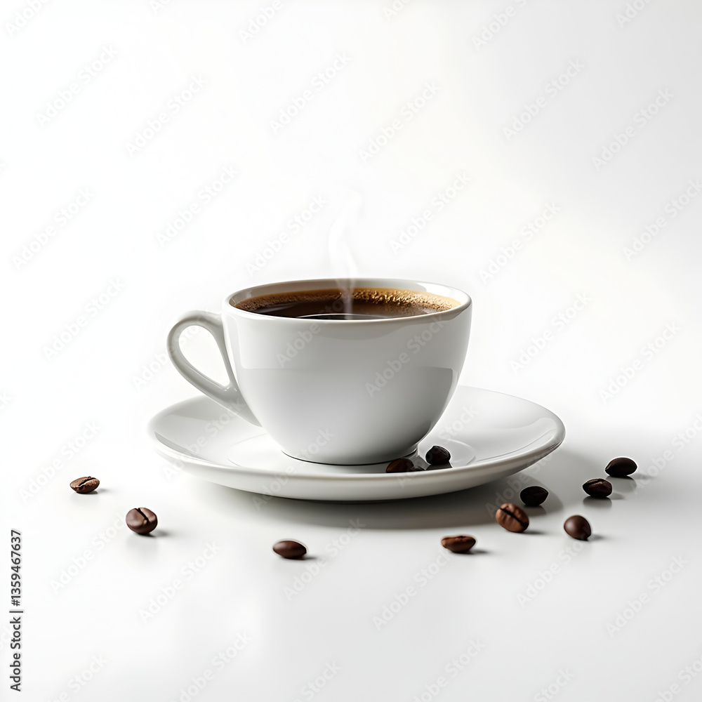 Classic White Coffee Cup with Black Coffee and Roasted Beans – Fresh Brew, Caffeine Boost, and Morning Energy Concept Classic White Coffee Cup with Black Coffee and Roasted Beans – Fresh Brew, Caffeine Boost, and Morning Energy Concept