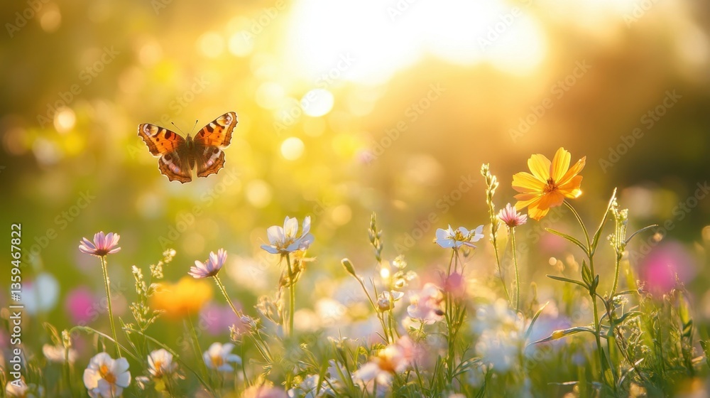 Butterfly Flying Over a Field of Wildflowers at Sunset Butterfly Flying Over a Field of Wildflowers at Sunset