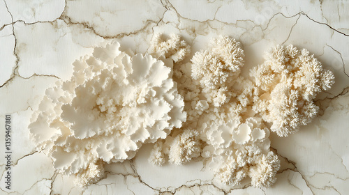 Abstract composition featuring intricate ivory fungal forms set against a light marble background with fine cracks for