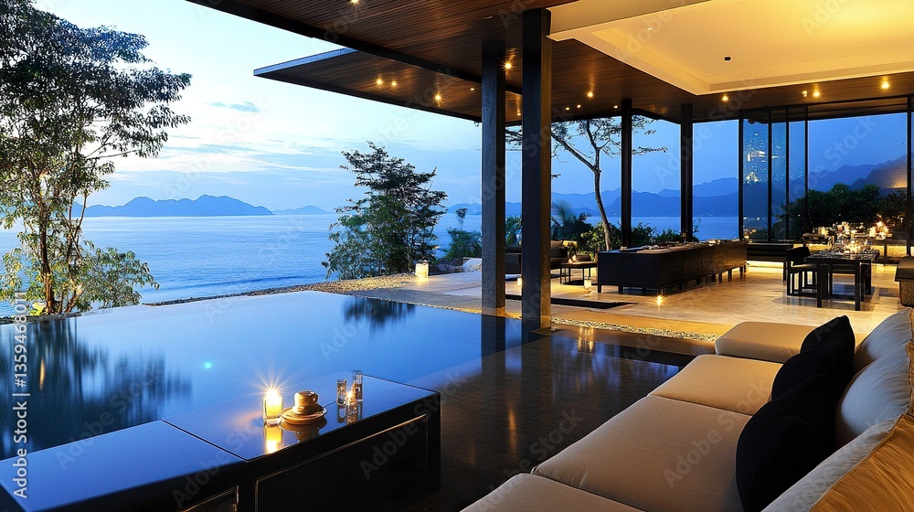Fototapeta premium Ultra-modern open living area with plush seating, coffee and candle centerpiece, beside a sleek interior bar, infinity pool merging with the calm ocean under soft morning light