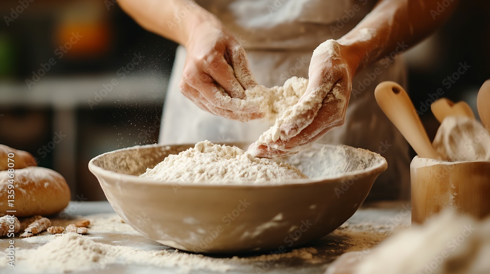 Fototapeta premium A beautiful shot of soda bread dough being mixed by hand in a large ceramic bowl