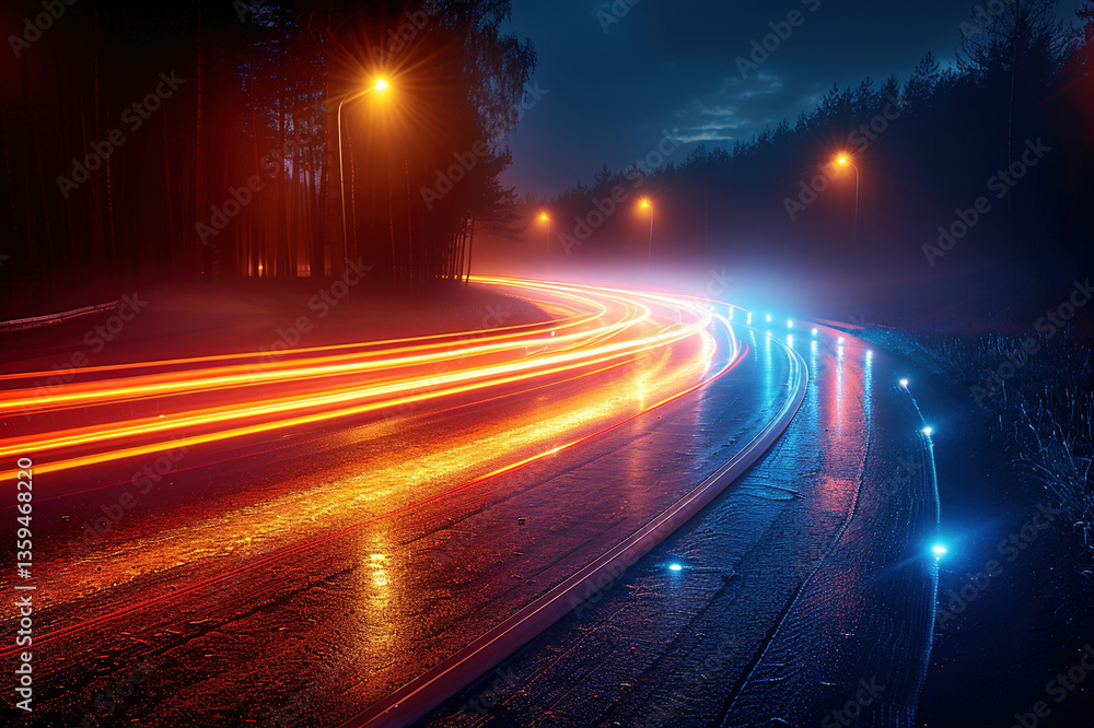 Abstract light trails from moving vehicles at night creating dynamic, colorful streaks Abstract light trails from moving vehicles at night creating dynamic, colorful streaks