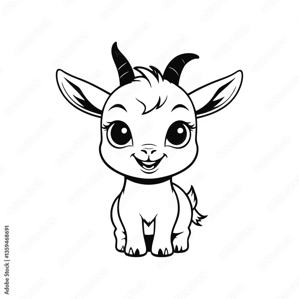 A simple black and white vector illustration of a smiling baby goat face with tiny horns on a clean white background A simple black and white vector illustration of a smiling baby goat face with tiny horns on a clean white background