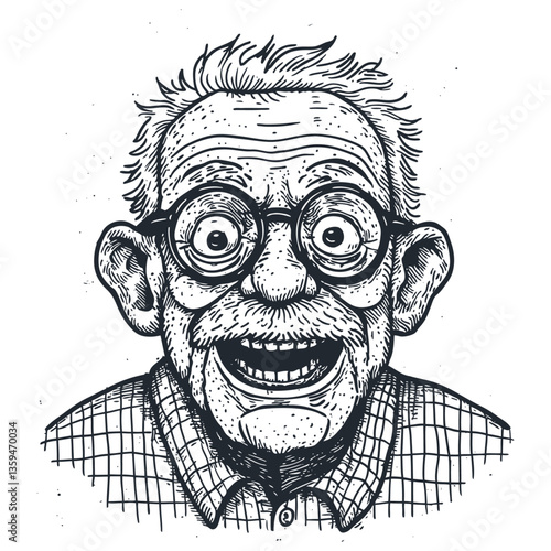 Vector illustration of an elderly man with exaggerated facial features, large glasses, prominent ears and a wide toothy grin, depicted in detailed black and white sketch style