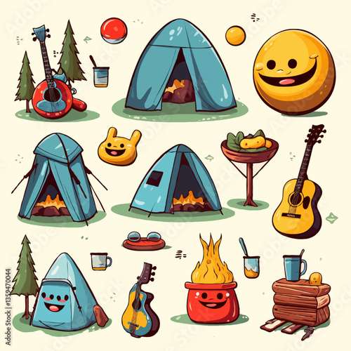 Various camping equipment and outdoor adventure icons, including a tent, backpack, campfire, and cooking gear and guitar. Travel doodle illustration.