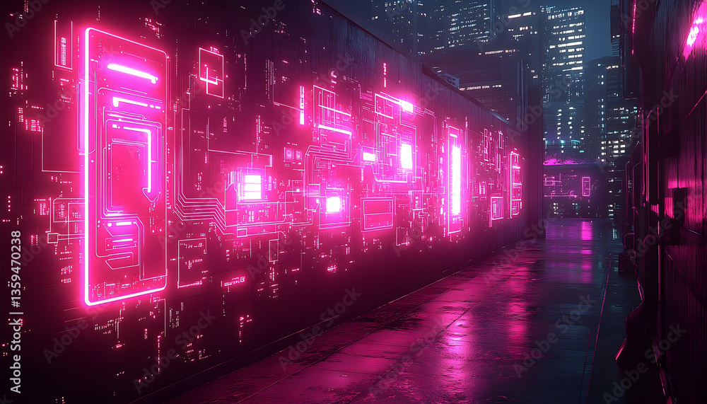 Neon-lit alleyway showcasing futuristic circuit designs, reflecting rain-soaked pavement and city skyline Neon-lit alleyway showcasing futuristic circuit designs, reflecting rain-soaked pavement and city skyline