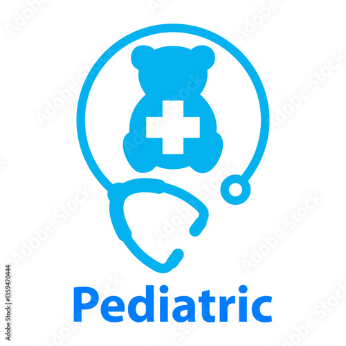 Logo Pediatric. Atención médica pediátrica para niños. Silueta de oso de peluche con cuz con estetoscopio 