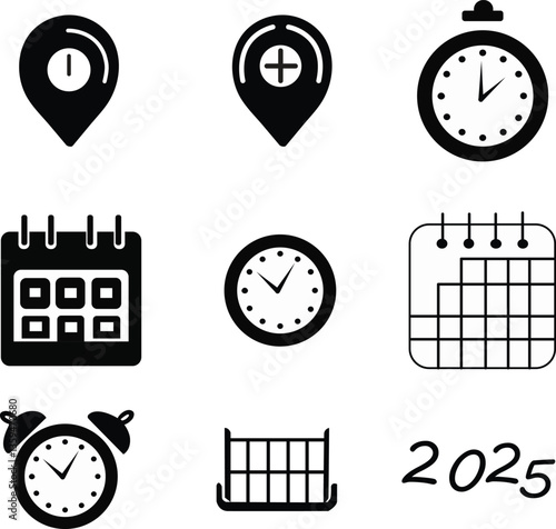 Address Time and Date Icon Vector Set Black & White Event Elements on Transparent Background 