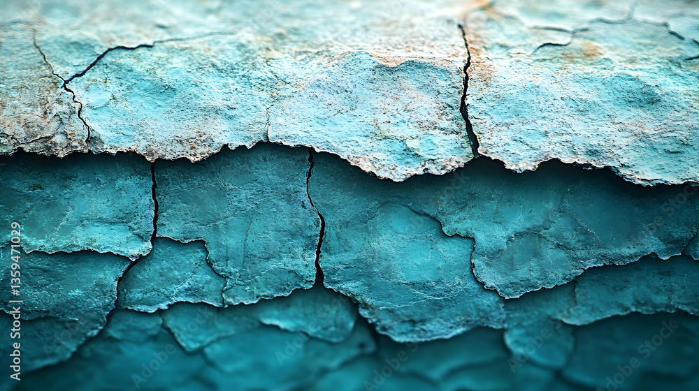 Obraz premium Abstract teal layered texture with rough edges and cracks creating a natural and organic pattern with varied depths and