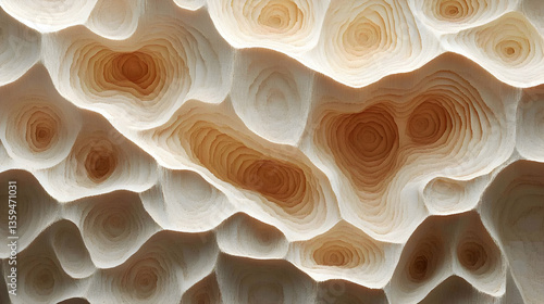 Abstract textural art with topographical depth and layered patterns in light brown and ivory hues creating organic cav
