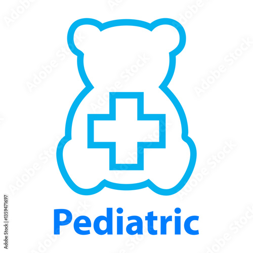 Logo Pediatric. Atención médica pediátrica para niños. Silueta con líneas de oso de peluche con cuz