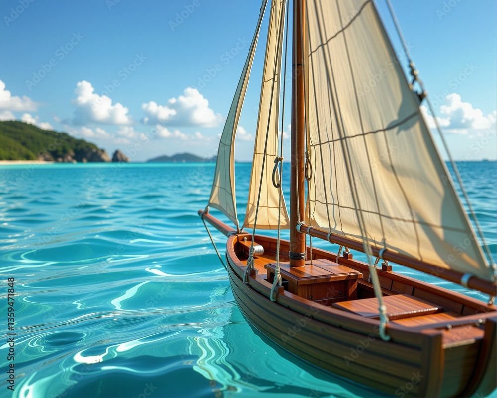 Fototapeta premium A small wooden sailboat glides over clear turquoise waters, with lush green hills and fluffy clouds in the background, creating a serene maritime scene.