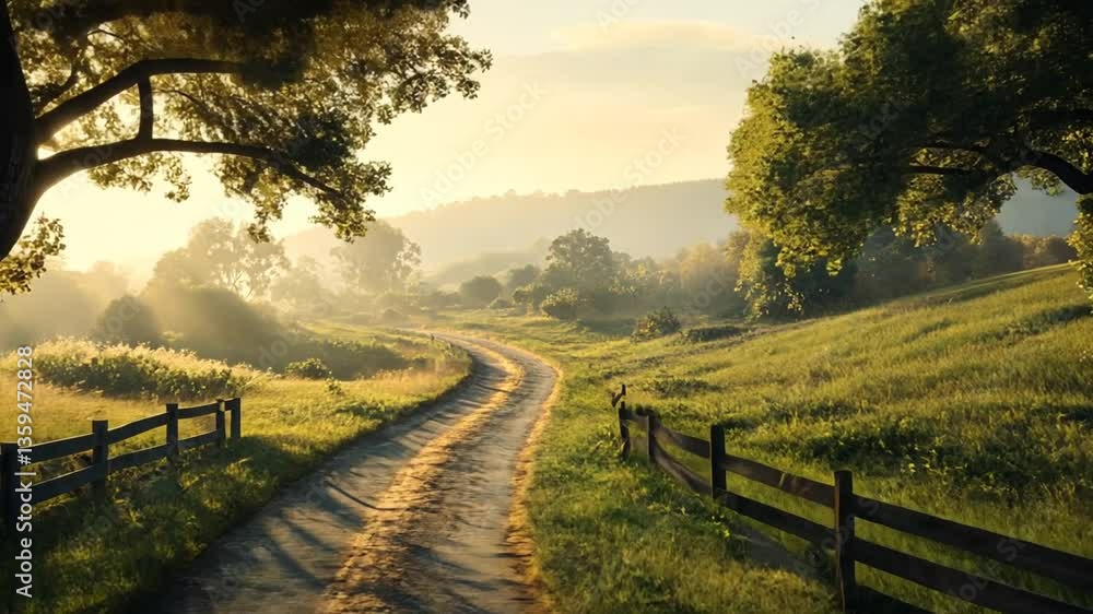 Scenic countryside road with golden light, inviting exploration and natural beauty Scenic countryside road with golden light, inviting exploration and natural beauty