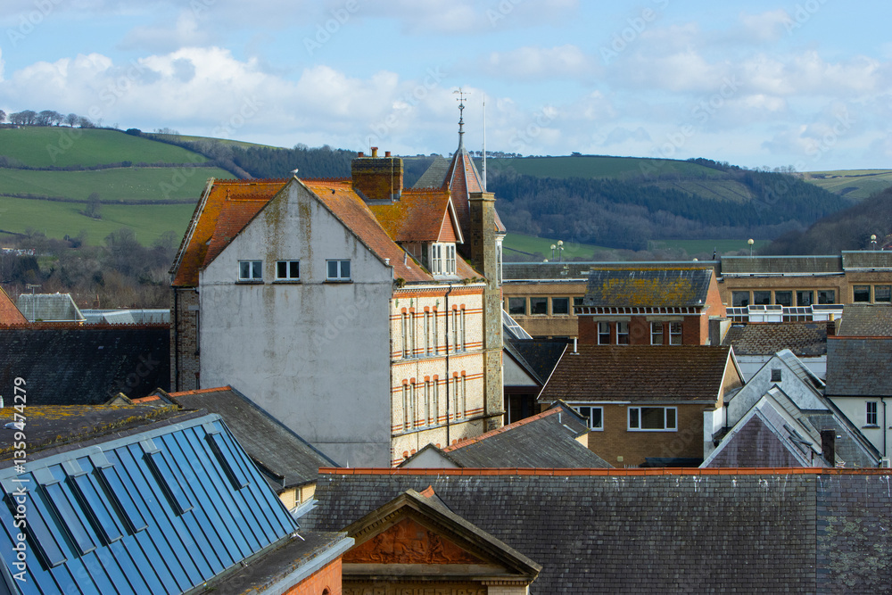 Elevated view of the skyline of the centre on Barnstaple in north Devon, uk