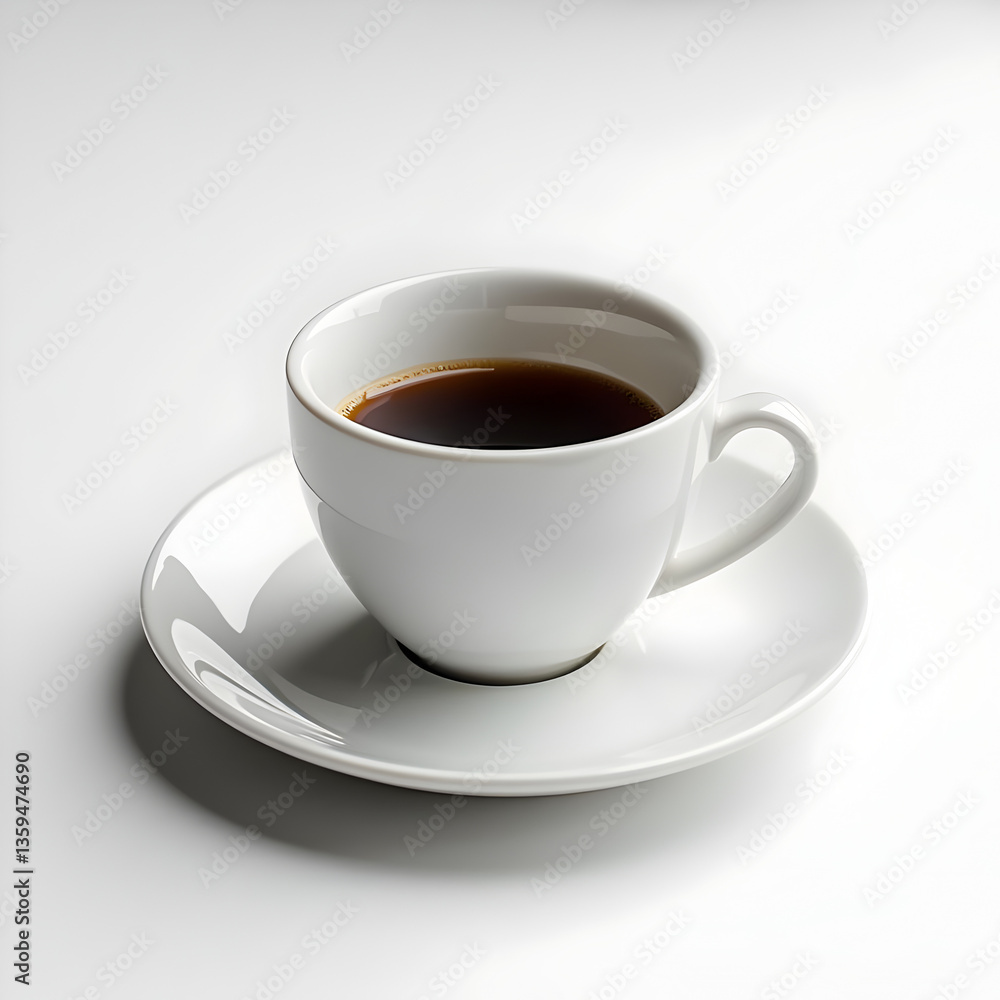 Minimalist White Coffee Cup with Black Coffee on Saucer – Classic Morning Drink, Caffeine Boost and Elegant Beverage on white background. Minimalist White Coffee Cup with Black Coffee on Saucer – Classic Morning Drink, Caffeine Boost and Elegant Beverage on white background.