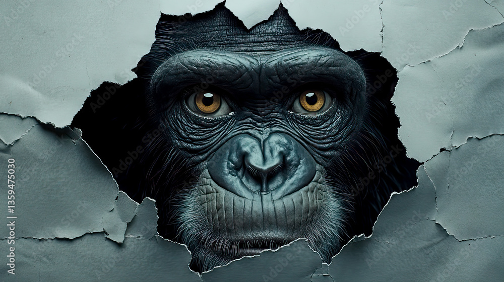 Fototapeta premium Gorilla peering through torn wall with intense gaze and expressive features