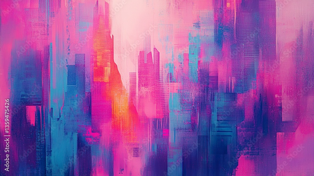 Abstract urban background, showcasing stylized city silhouettes with fragmented shapes and sharp angles, vivid neon hues of pink, cyan, and purple blending seamlessly Abstract urban background, showcasing stylized city silhouettes with fragmented shapes and sharp angles, vivid neon hues of pink, cyan, and purple blending seamlessly
