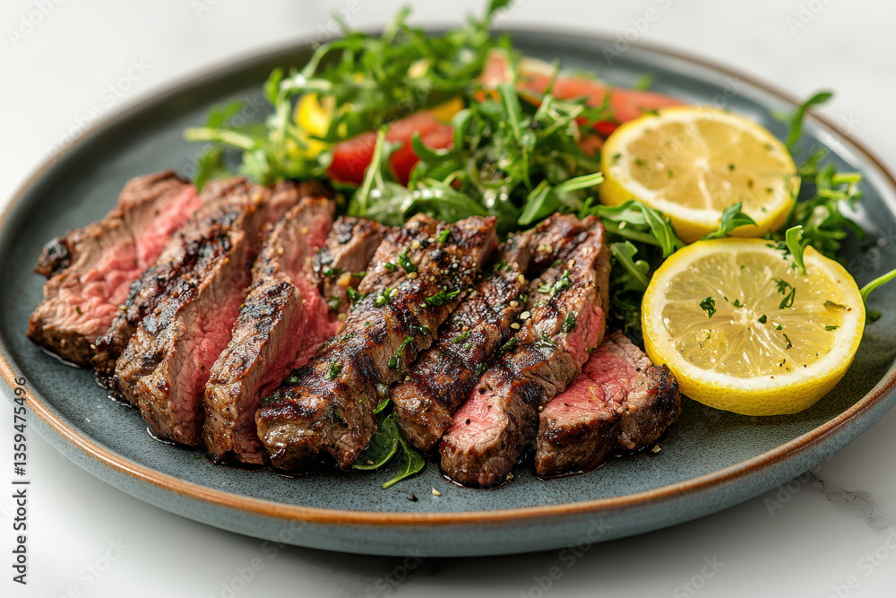 Juicy steak adorned with a fresh lemon wedge on a white plate. Juicy steak adorned with a fresh lemon wedge on a white plate.