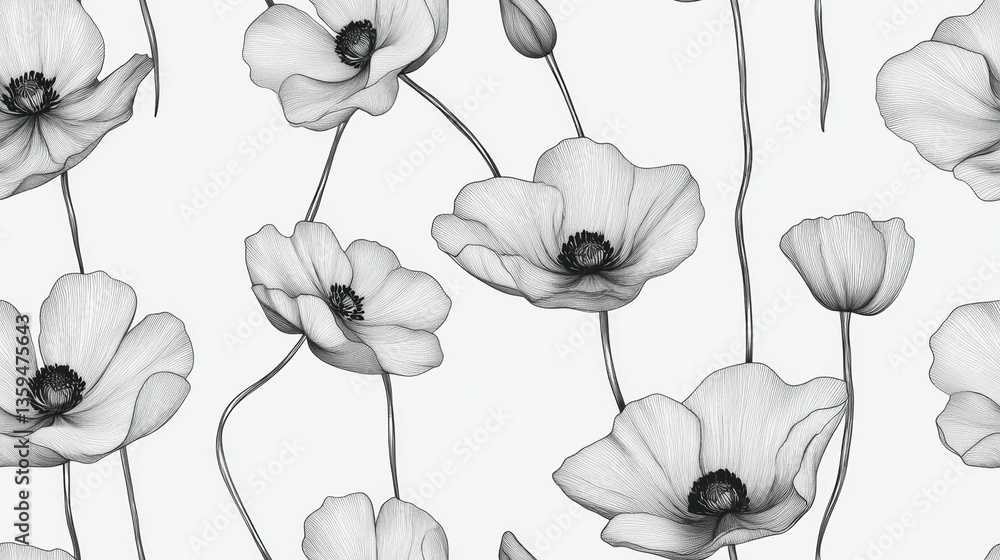 Fototapeta premium Botanical Line Art: Create a seamless botanical pattern using fine black line art to depict gray flowers, focusing on simplicity and elegance