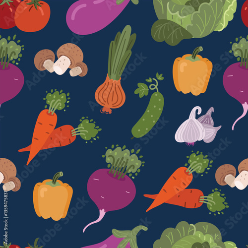 Cartoon vector illustration of a seamless vegetable pattern, featuring various hand-drawn vegetables like tomatoes, carrots, peppers, and cucumbers, symbolizing healthy eating and natural food.