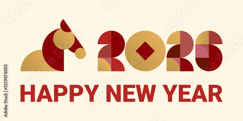 Abstract background Chinese New Year 2026. Colorful numbers and horse made of simple geometric shapes in retro style, red, yellow, gold. Notebook cover, brochure, postcard, banner, calendar. EPS10