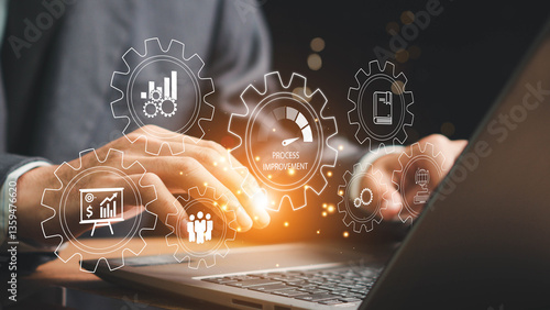  Process improvement concept, Continuous improvement,  Improve the efficiency and effectiveness of company and industry operations Businessman solving problems improving organizational processes.