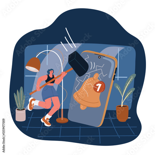 Cartoon vector illustration of a woman smashing her smartphone with a sledgehammer, representing a digital meltdown and the urgent need for a digital detox.