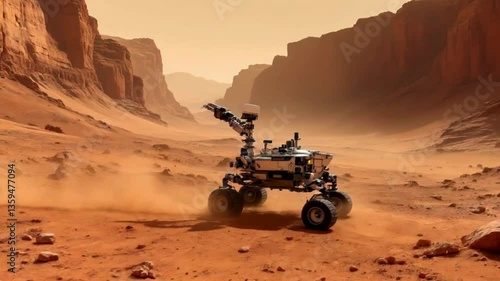  A high tech Mars rover slowly moves across the dusty, red Martian surface, its wheels kicking up fine dust. The camera follows as the rover’s robotic arm extends, scanning nearby rocks with a lase