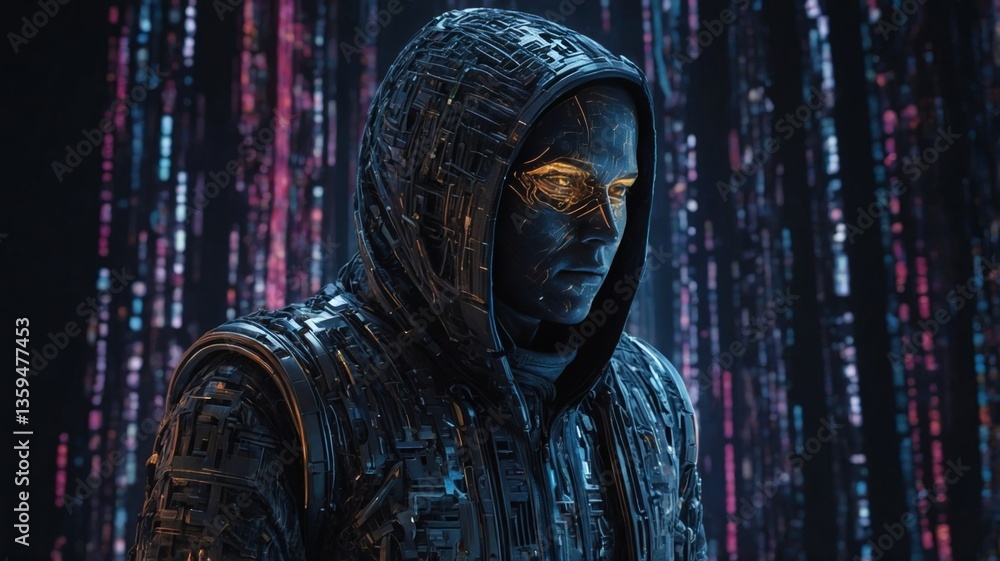Fototapeta premium A mysterious nebulous satellite hacker, shrouded in swirling tendrils of digital code, lurks in the depths of cyberspace. This enigmatic figure, cloaked in shadows and surrounded by a halo of data
